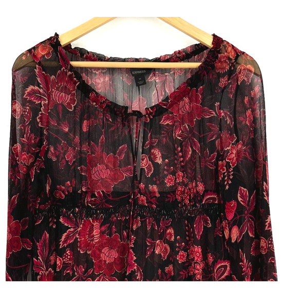 VTG Express 100% Silk Top Medium Babydoll Fairygrunge Sheer Dark Floral Whimsy - Picture 2 of 9